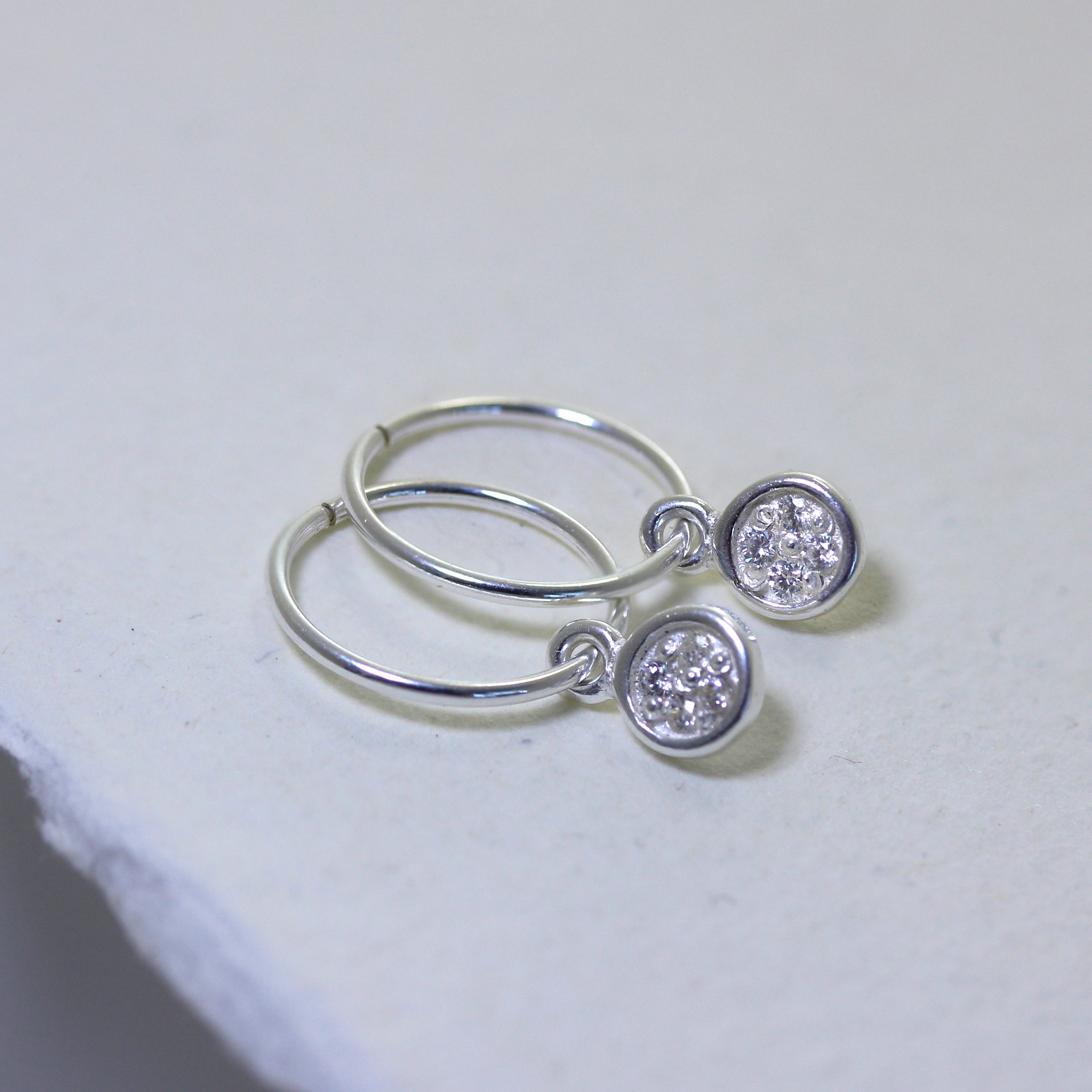 Sterling Silver Clear CZ Pave Round Charm Hoop 12mm Earrings