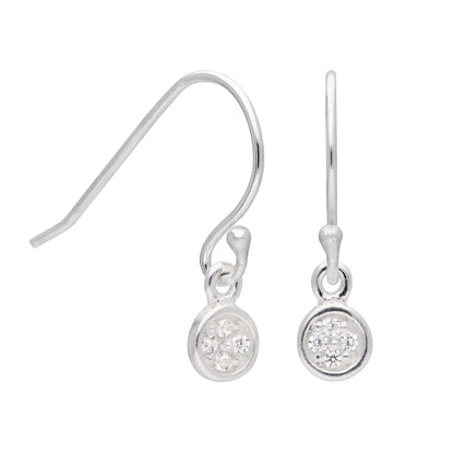 Sterling Silver Clear CZ Pave Round Drop Fish Hook Earrings