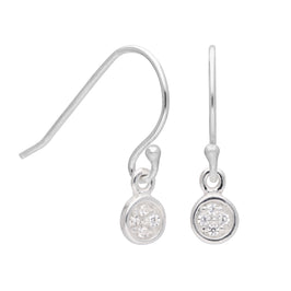 Sterling Silver Clear CZ Pave Round Drop Fish Hook Earrings