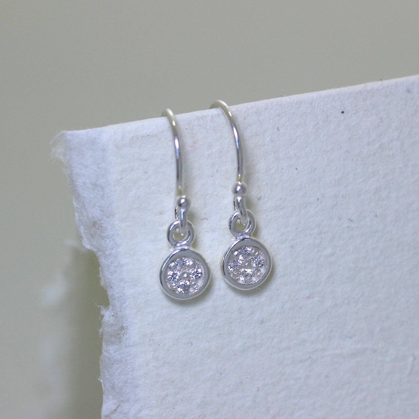 Sterling Silver Clear CZ Pave Round Drop Fish Hook Earrings