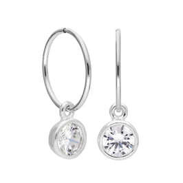 Sterling Silver Clear Crystal Rubover Charm Hoop 12mm Earrings