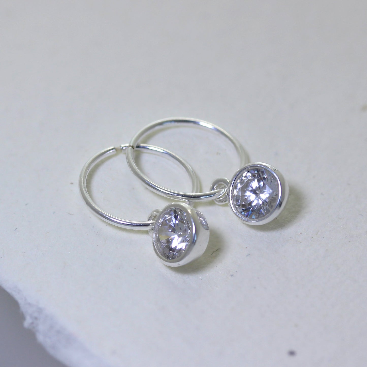 Sterling Silver Clear Crystal Rubover Charm Hoop 12mm Earrings