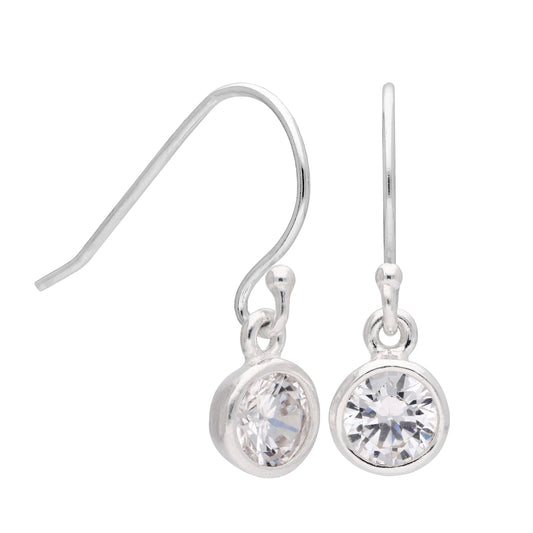 Sterling Silver Clear Crystal Rubover Drop Fish Hook Earrings