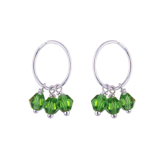 Triple Sterling Silver Green Crystal Charm Hoop 12mm Earrings
