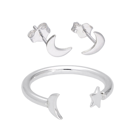 Sterling Silver Moon Ring & Stud Earrings Set