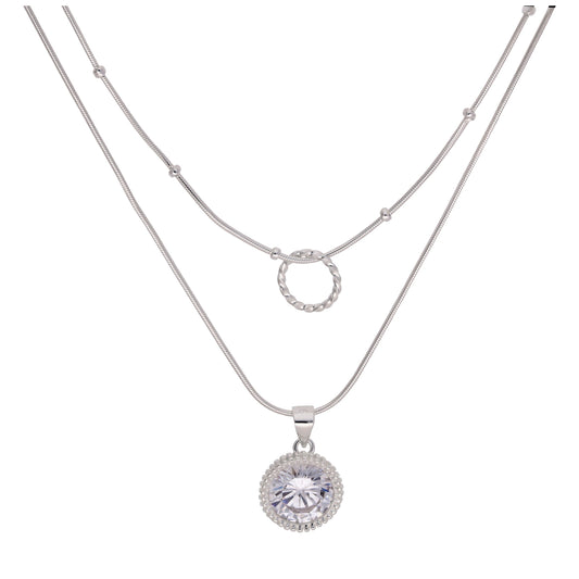 Sterling Silver Double Layered CZ & Twisted Ring Necklace