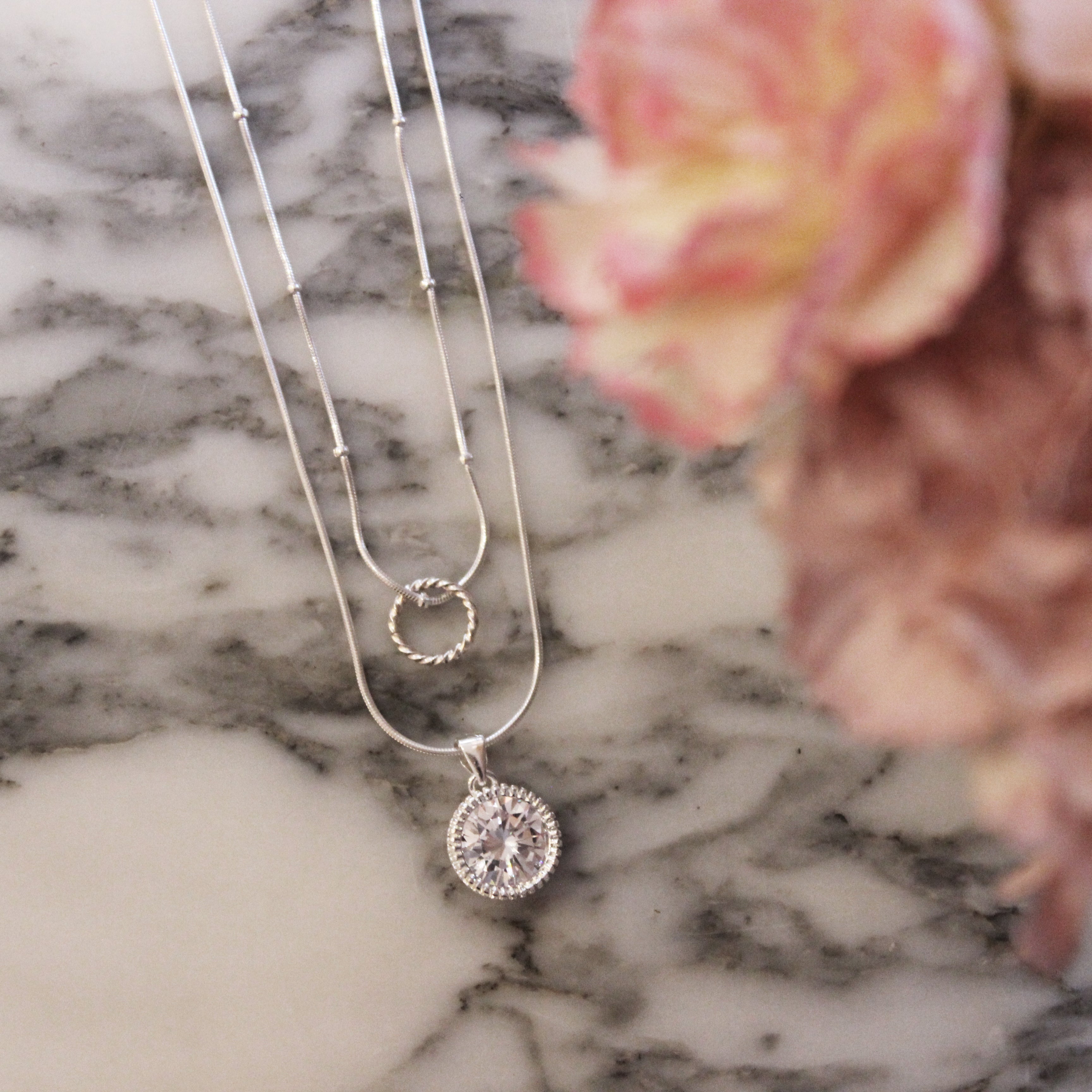 Sterling Silver Double Layered CZ & Twisted Ring Necklace