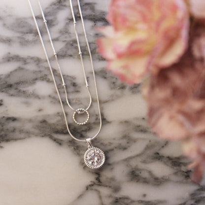 Sterling Silver Double Layered CZ & Twisted Ring Necklace