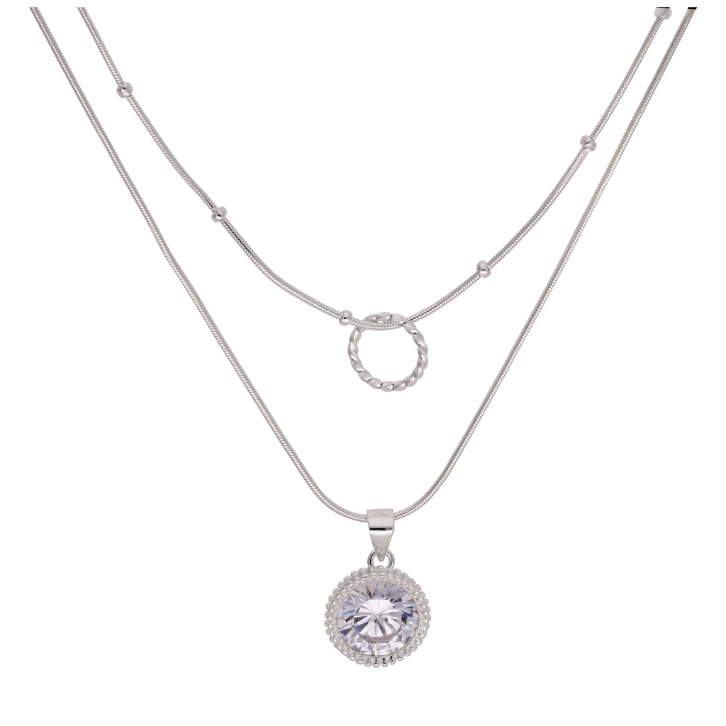 Sterling Silver Double Layered CZ & Twisted Ring Necklace