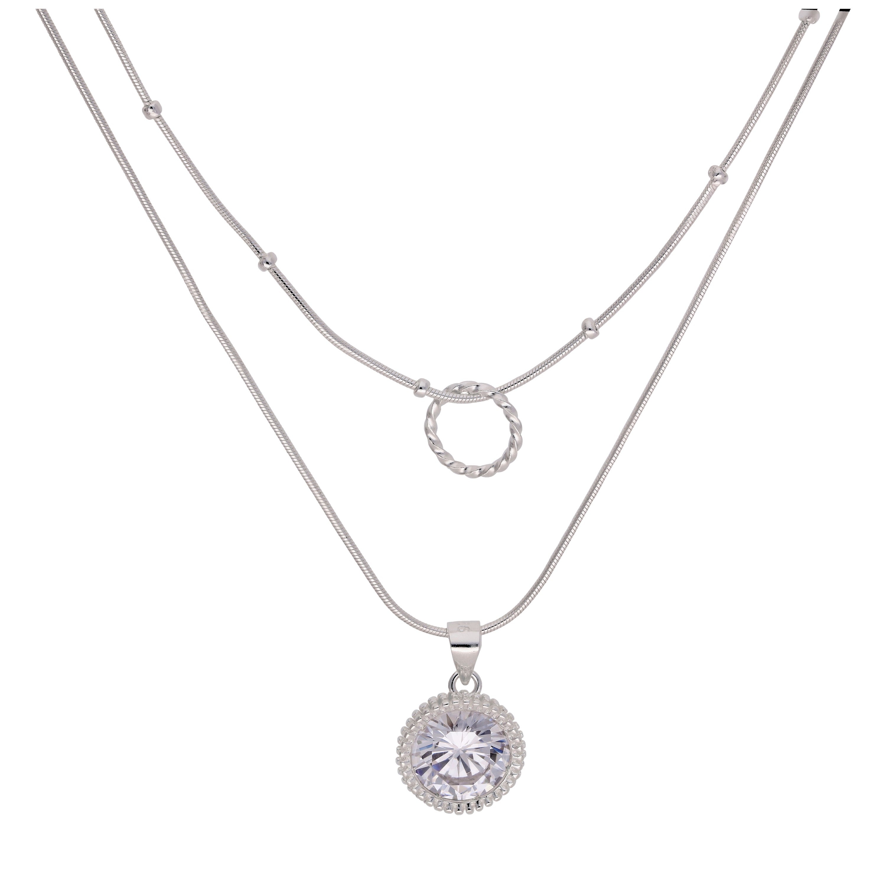 Sterling Silver Double Layered CZ & Twisted Ring Necklace