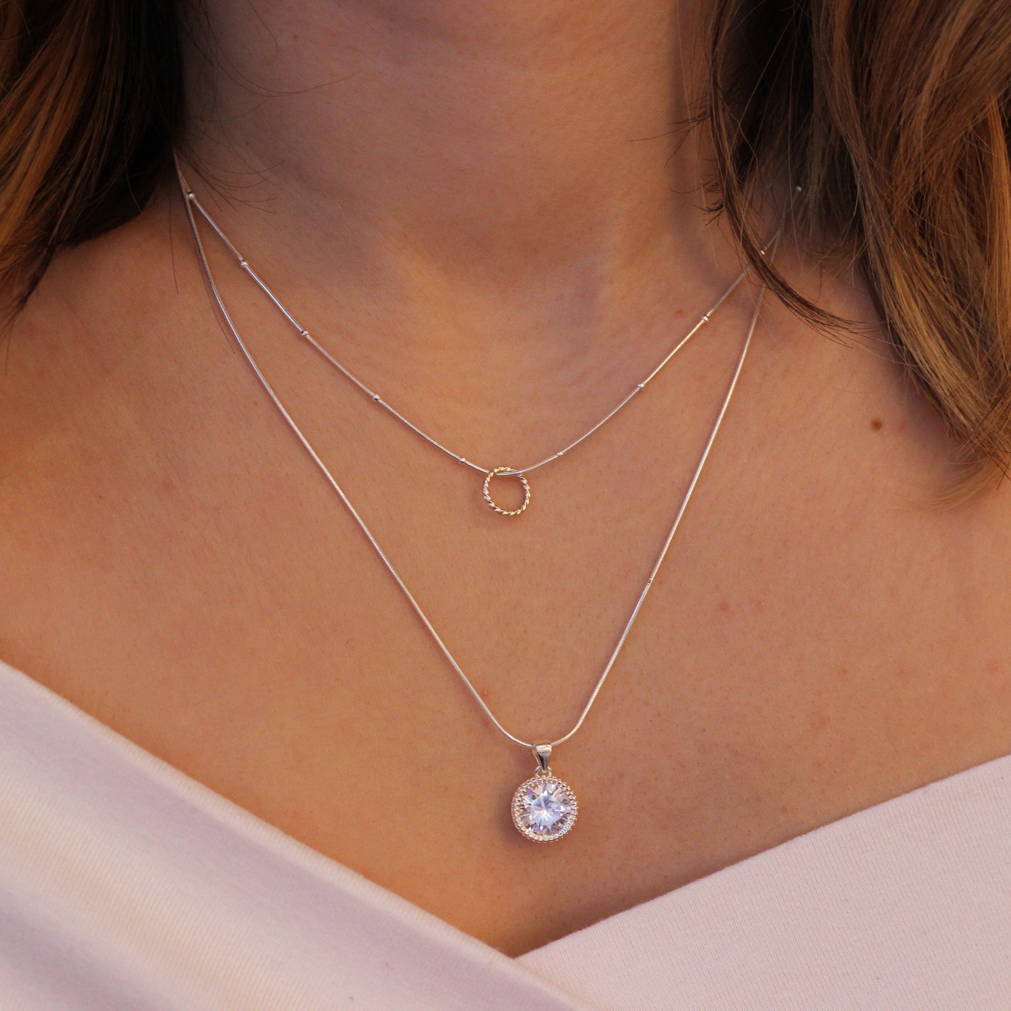 Sterling Silver Double Layered CZ & Twisted Ring Necklace