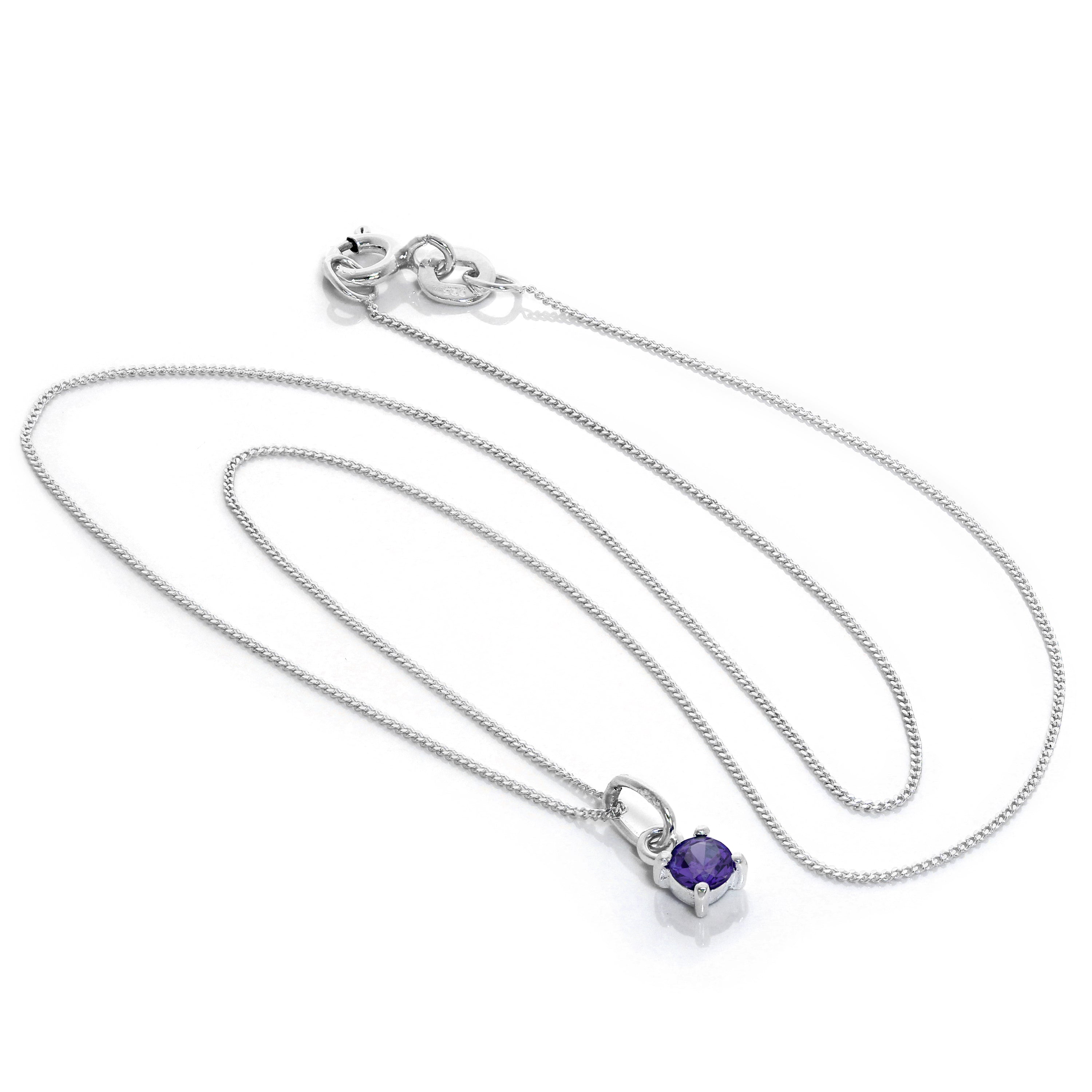 Sterling Silver Amethyst CZ February Birthstone Claw Necklace - 14 - 32 Inches