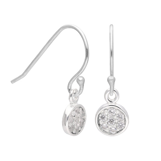 Small Sterling Silver Encrusted CZ Crystal Round Fishhook Dangle Earrings