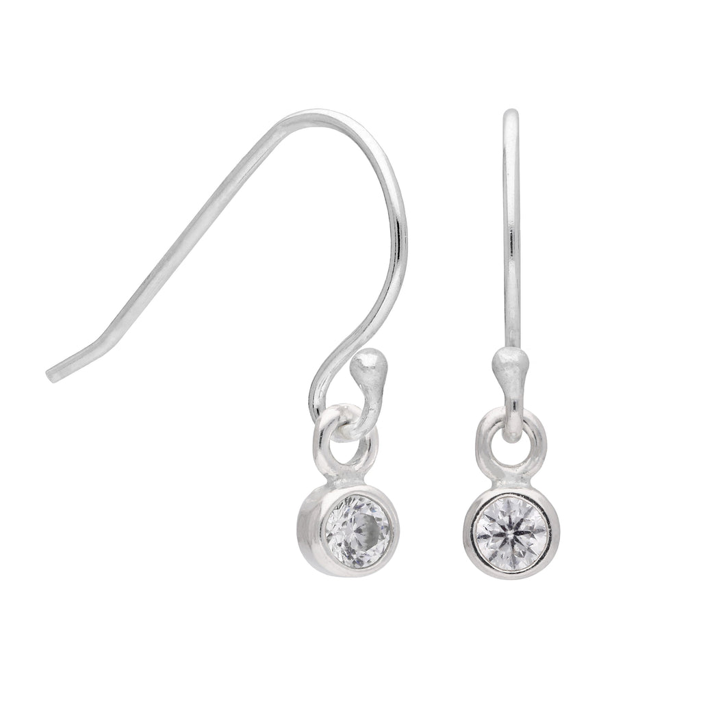 Tiny Sterling Silver 3mm Clear CZ Round Rubover Fishhook Dangle Earrings