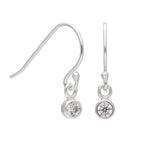 Tiny Sterling Silver 3mm Clear CZ Round Rubover Fishhook Dangle Earrings