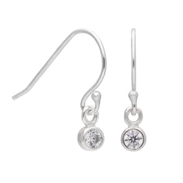 Tiny Sterling Silver 3mm Clear CZ Round Rubover Fishhook Dangle Earrings