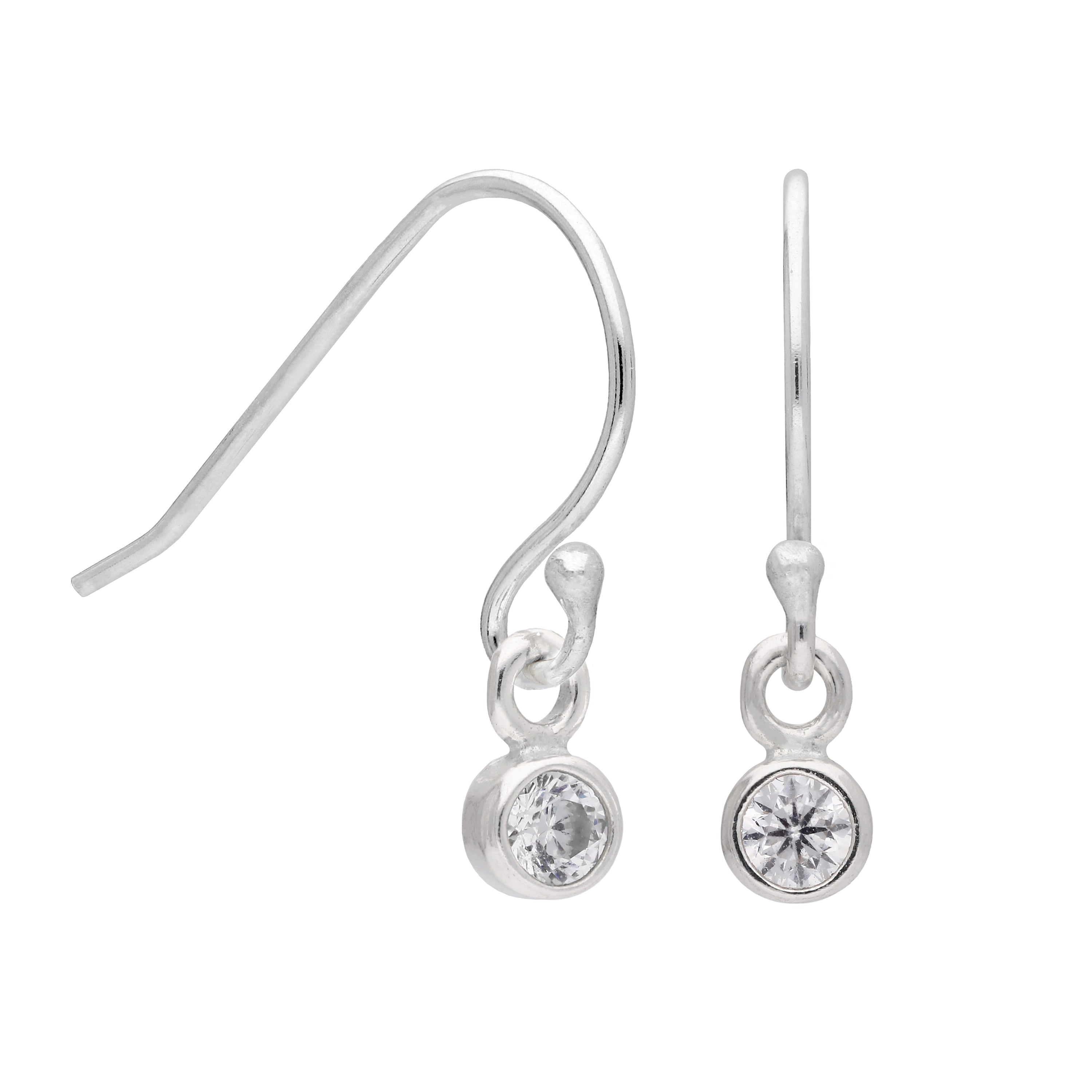 Tiny Sterling Silver 3mm Clear CZ Round Rubover Fishhook Dangle Earrings