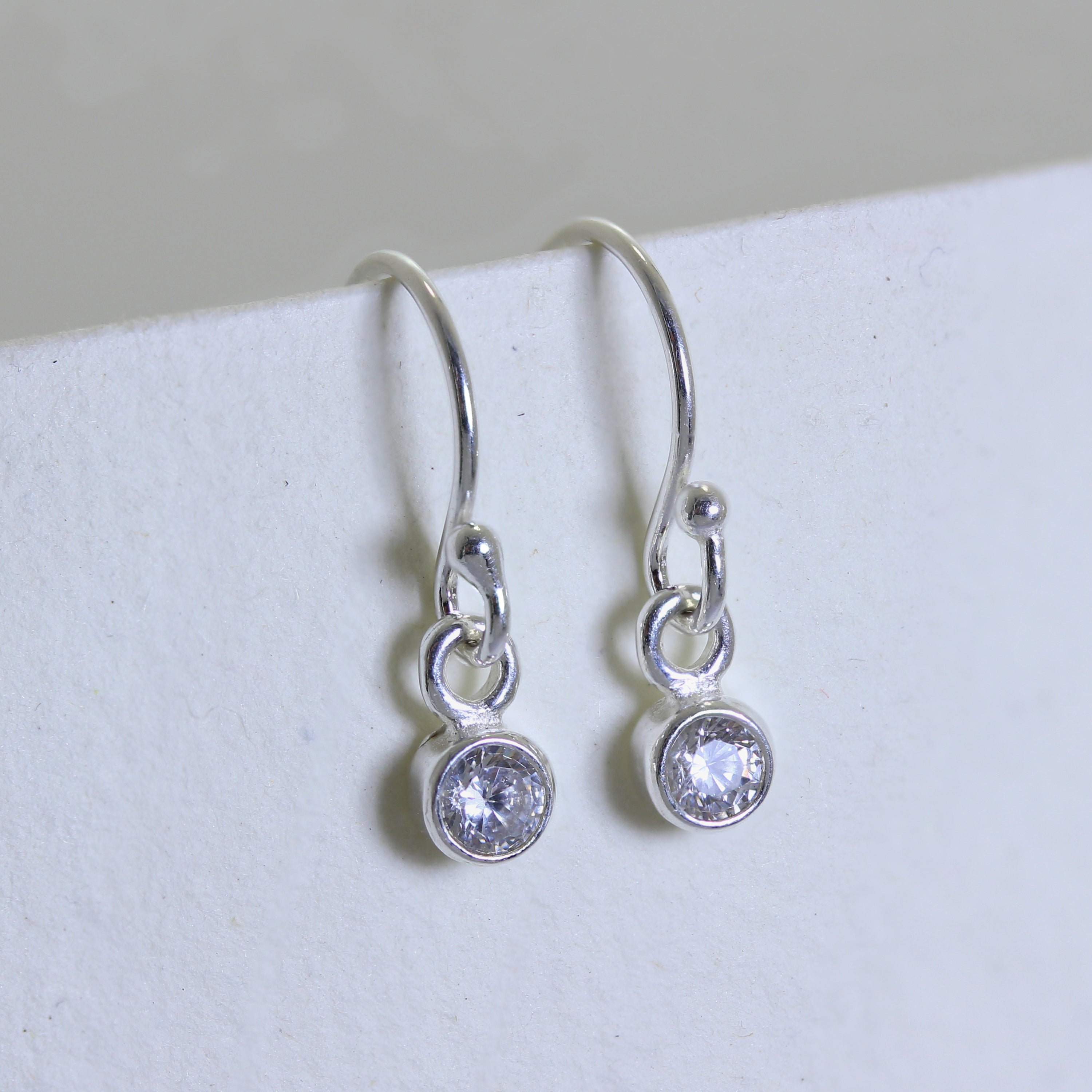 Tiny Sterling Silver 3mm Clear CZ Round Rubover Fishhook Dangle Earrings