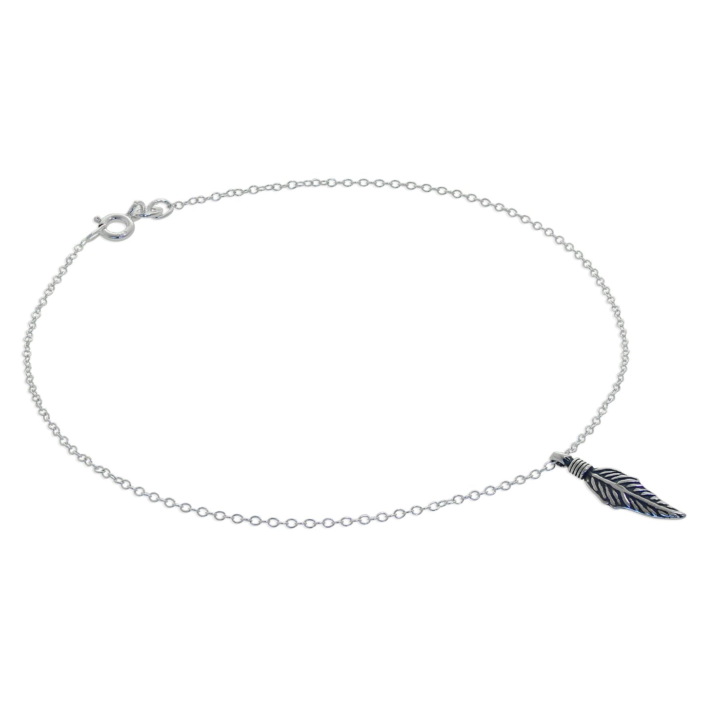 Sterling Silver Feather Charm Belcher Anklet - 10 Inches