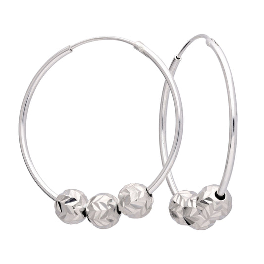Sterling Silver 30mm Hoop Earrings with Triple Chevron Cut Ball Beads