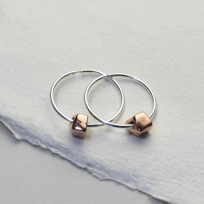 Sterling Silver 18mm Hoops with Rose Gold Plated Thick Nugget Beads