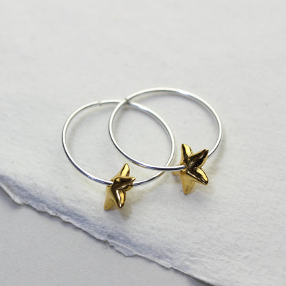 Sterling Silver 18mm Hoop Earrings with Gold Plated Lily Flower Bead Charms