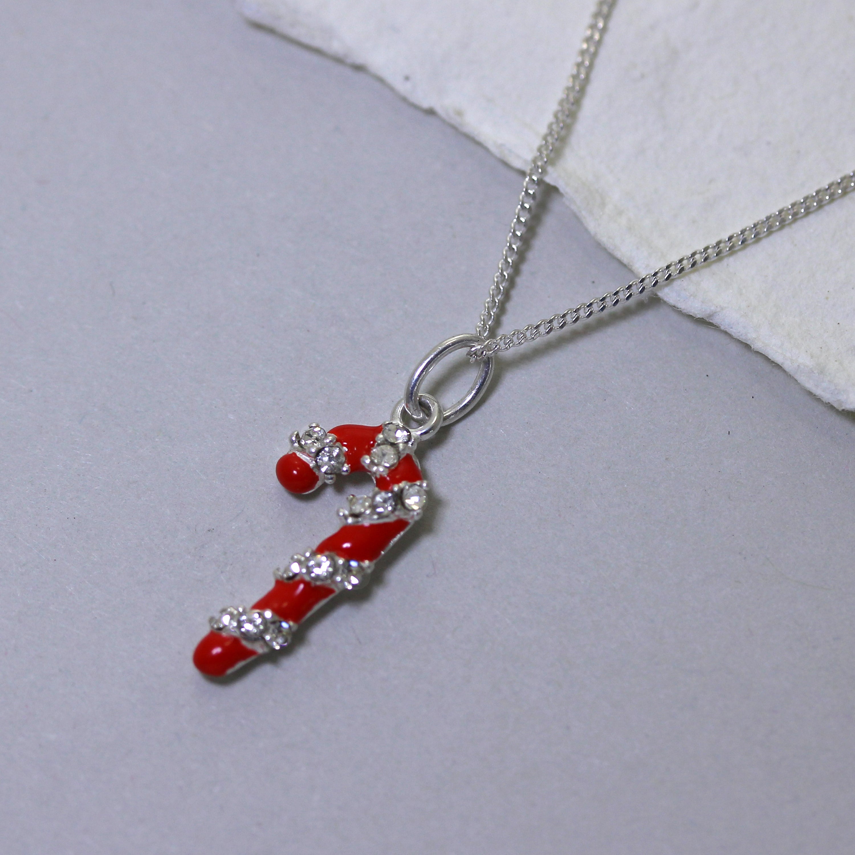 Sterling Silver Candy Cane CZ Red Necklace - 14 - 32 Inches
