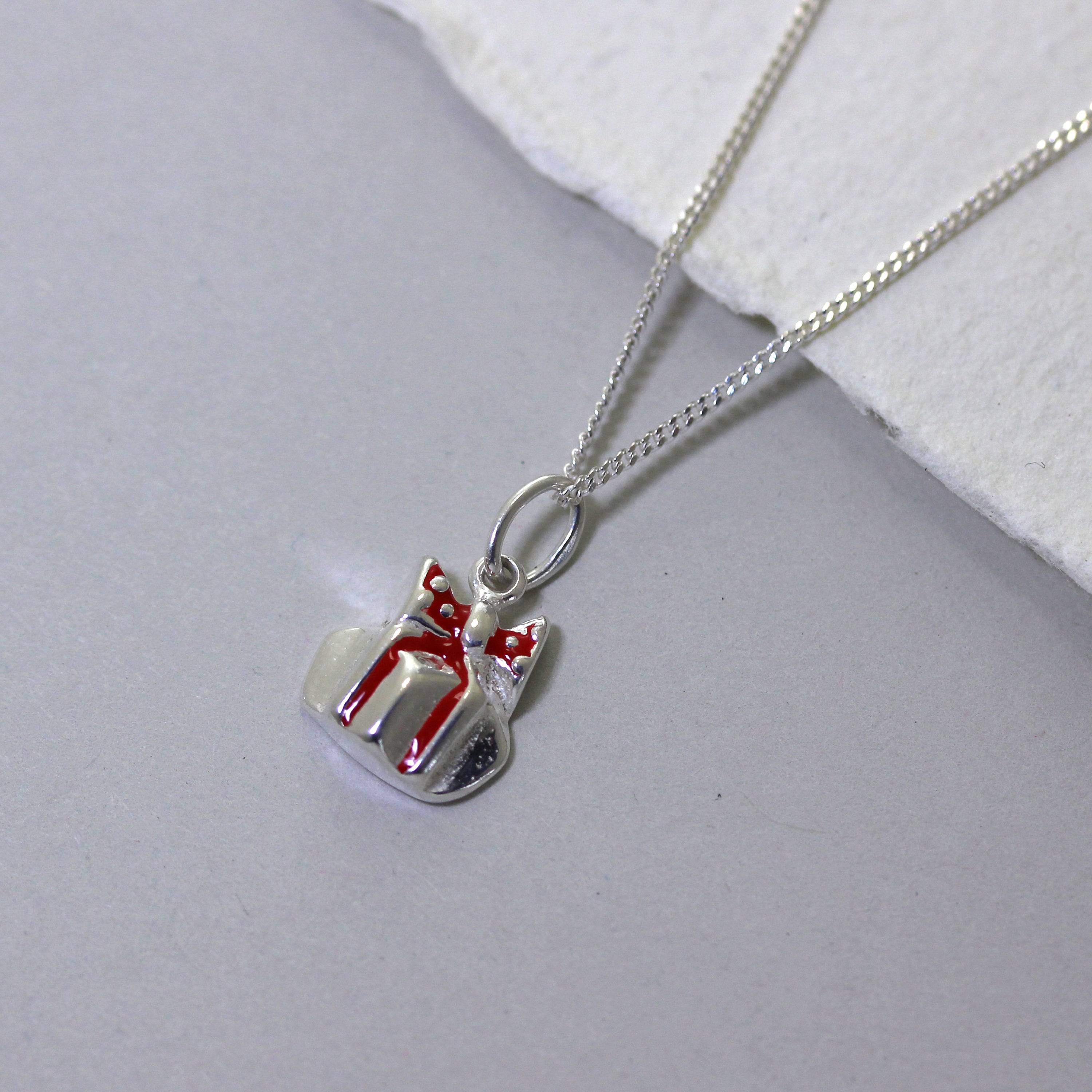 Sterling Silver Enamel Christmas Present Necklace - 14 - 32 Inches