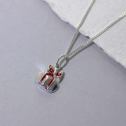 Sterling Silver Enamel Christmas Present Necklace - 16 - 32 Inches