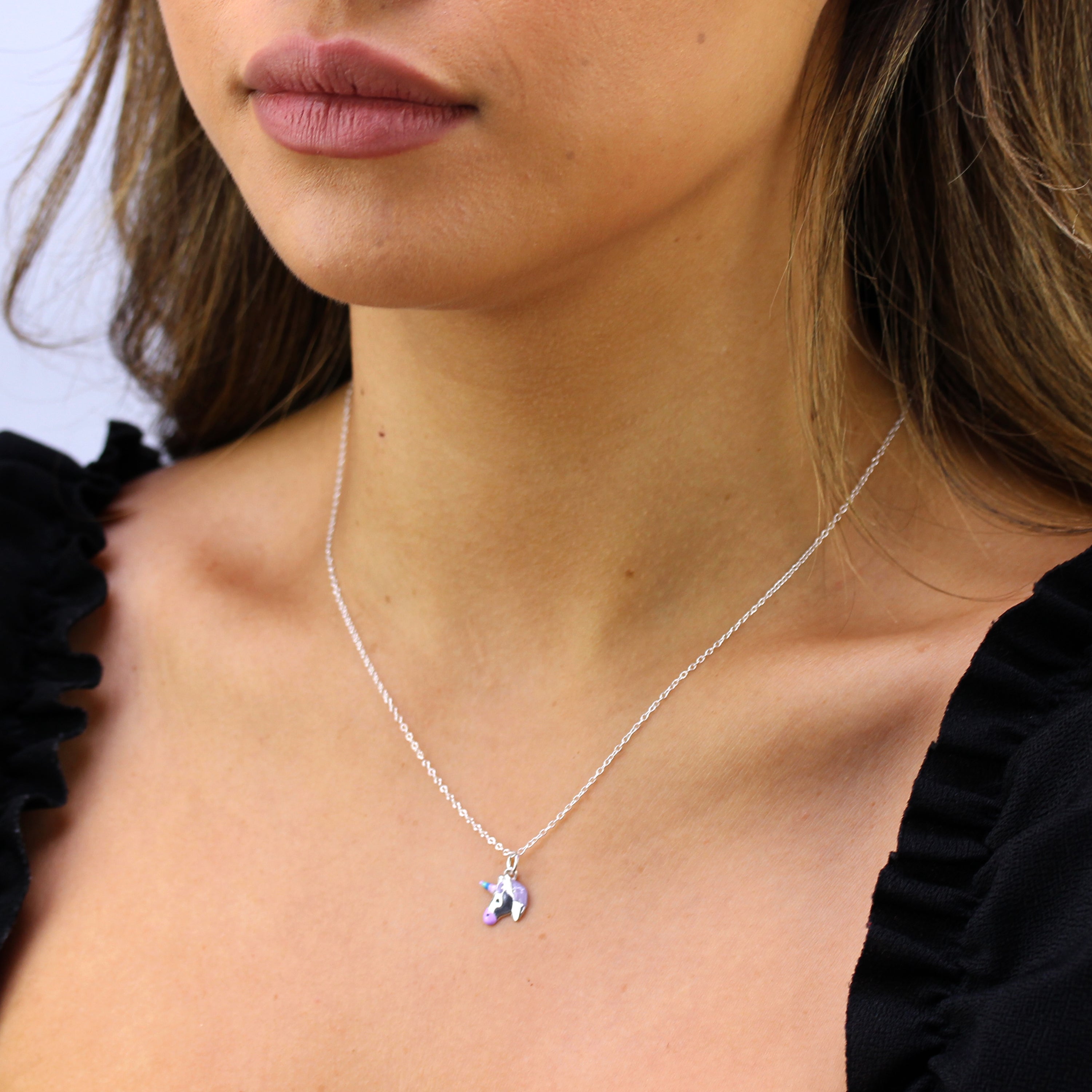 Sterling Silver Unicorn Enamel Necklace - 16 - 32 Inches