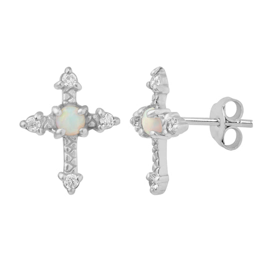 Sterling Silver Cross CZ Faux Opal Stud Earrings