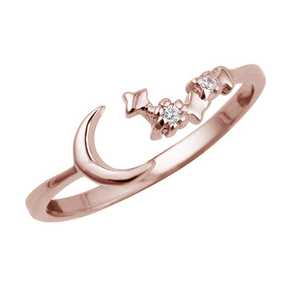 Rose Gold Plated Sterling Silver Moon Star Adjustable Ring