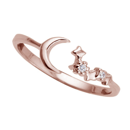 Rose Gold Plated Sterling Silver Moon Star Adjustable Ring