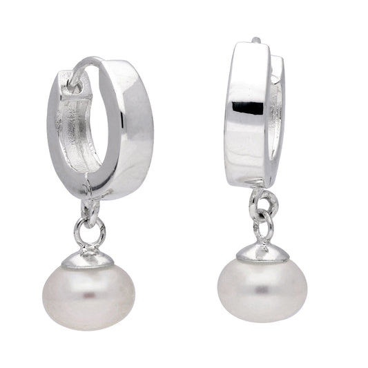 Sterling Silver Freshwater Pearl Huggie 14mm Hoop Earrings