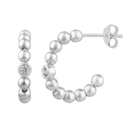 Sterling Silver Clear CZ Beaded Open Hoop Stud Earrings