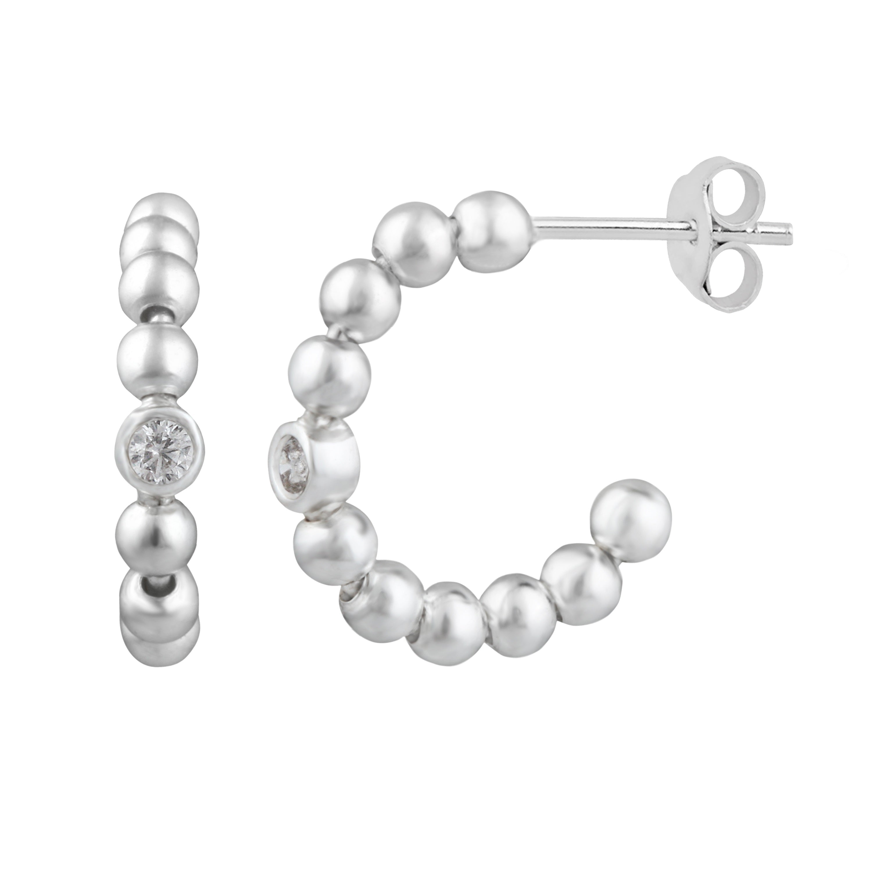 Sterling Silver Clear CZ Beaded Open Hoop Stud Earrings
