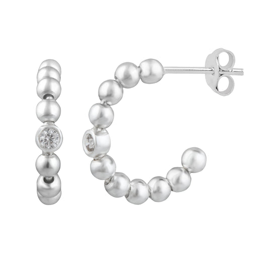 Sterling Silver Clear CZ Beaded Open Hoop Stud Earrings