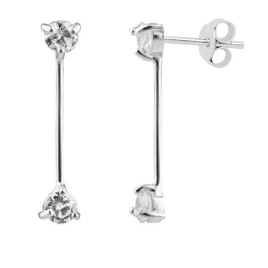 Sterling Silver Double CZ Drop Bar Stud Earrings