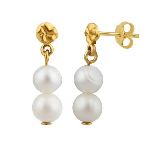 Gold Plated Sterling Silver Double Pearl Drop Stud Earrings - jewellerybox