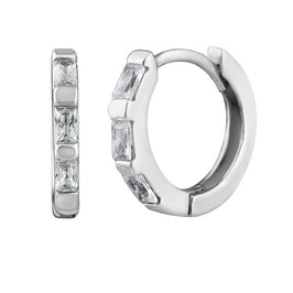 Sterling Silver Clear CZ Baguette 12mm Huggie Hoop Earrings