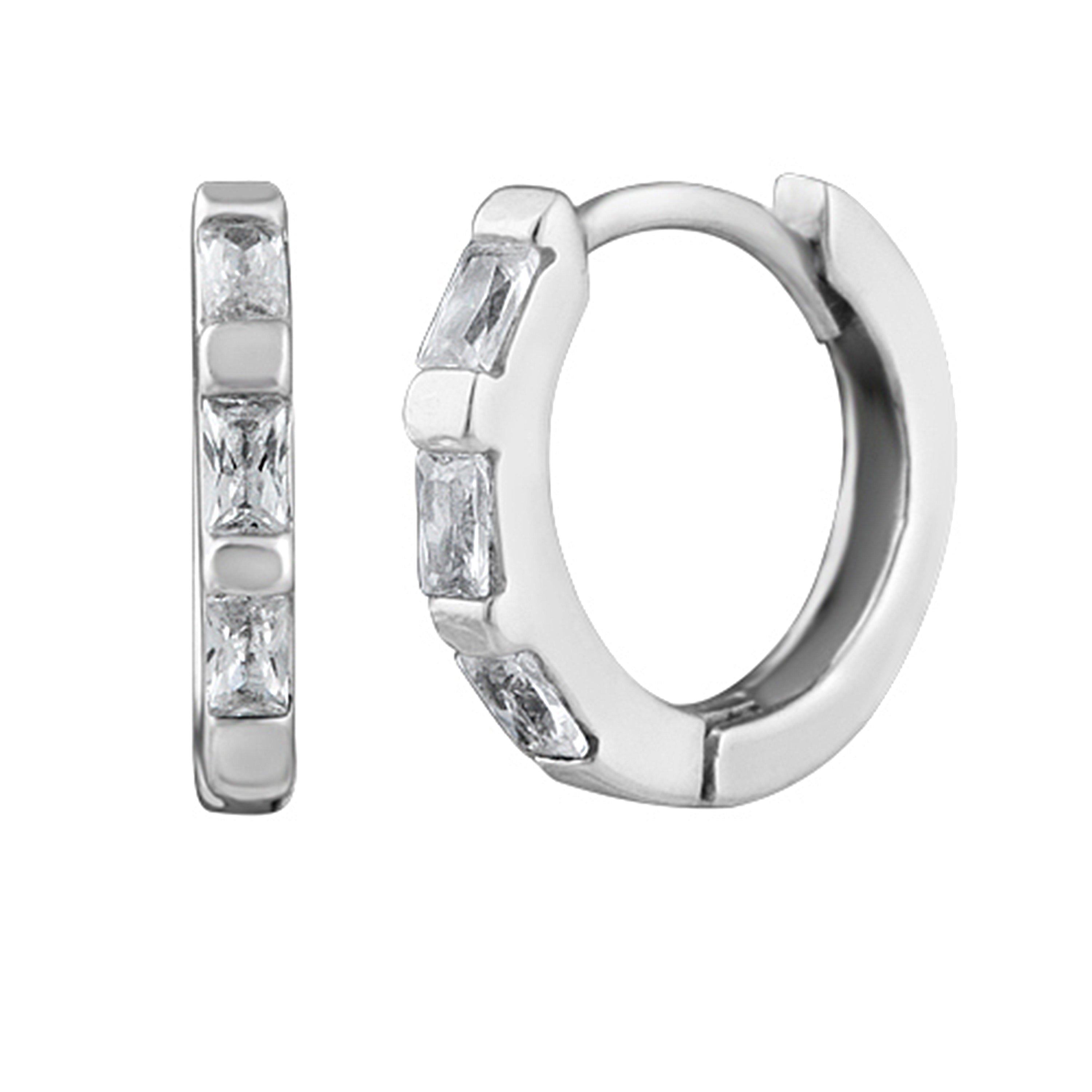 Sterling Silver Clear CZ Baguette 12mm Huggie Hoop Earrings