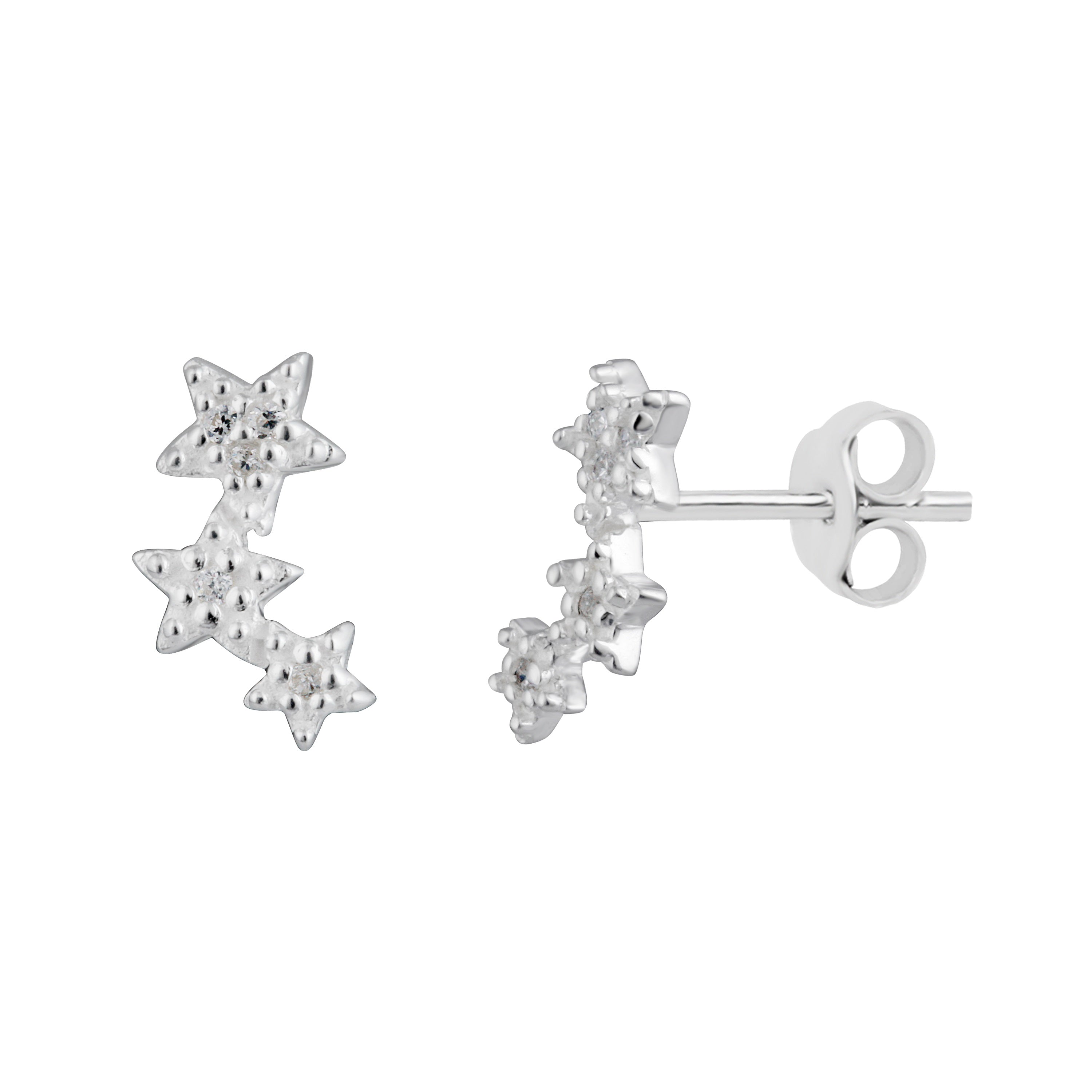 Sterling Silver Triple Star Pave CZ Stud Earrings