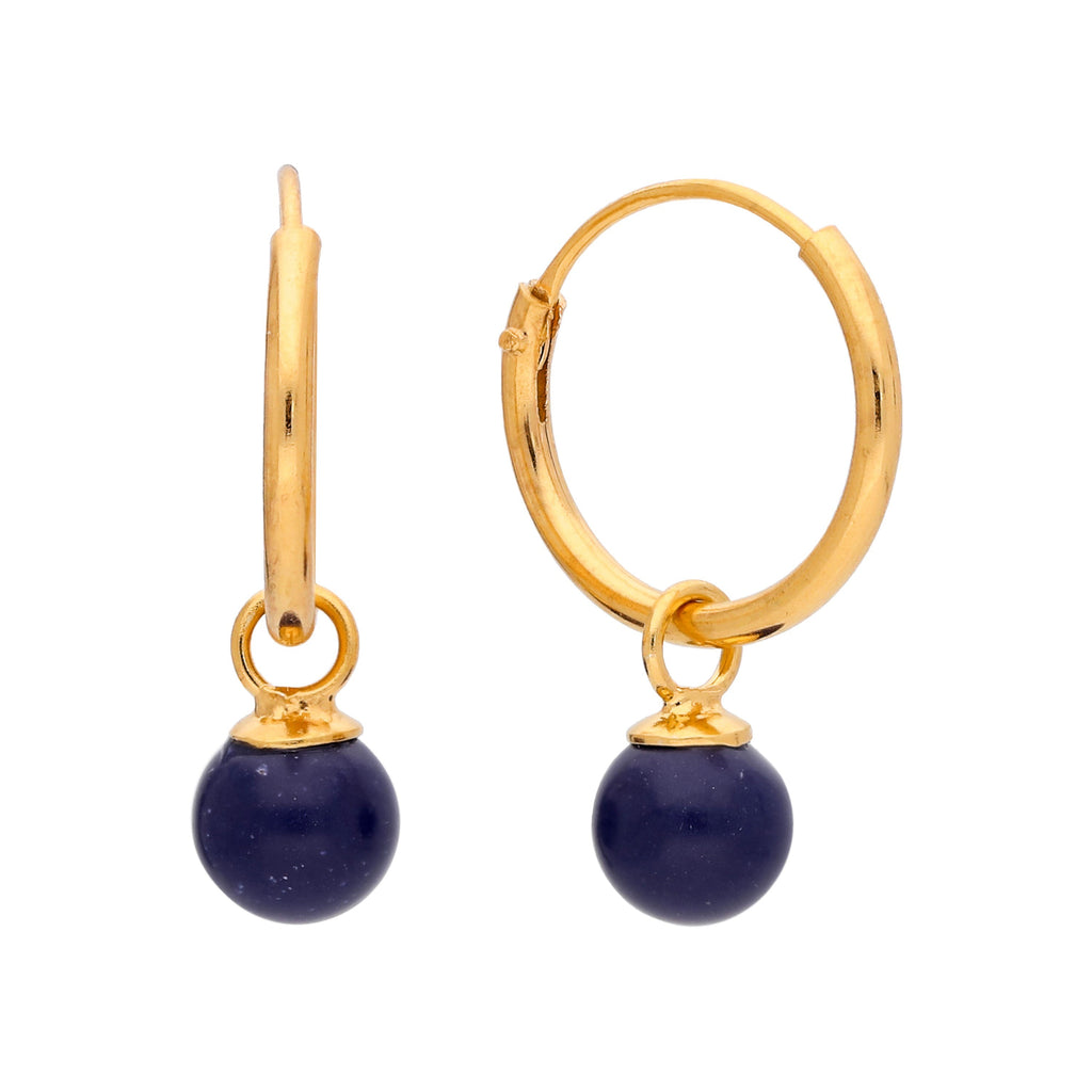 Gold Plated Sterling Silver Lapis Ball 11mm Charm Hoop Earrings
