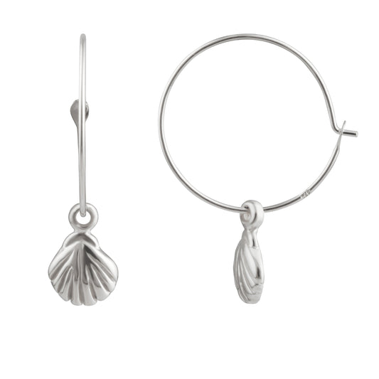 Sterling Silver 16mm Sea Shell Charm Hoop Earrings