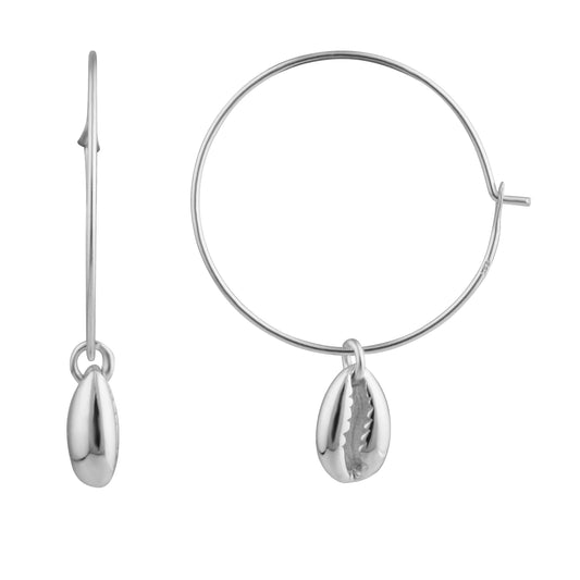 Sterling Silver 16mm Cowrie Shell Charm Hoop Earrings