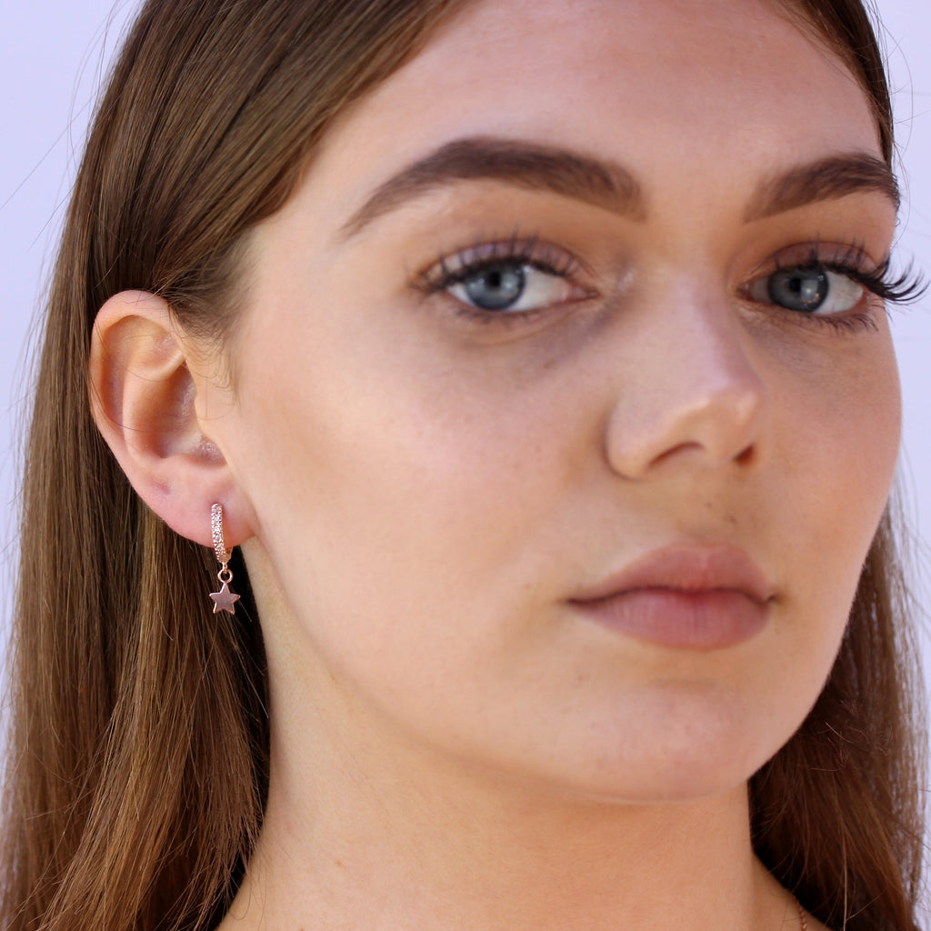 Rose Gold Plated Sterling Silver Star Charm 12mm Hoop Earrings