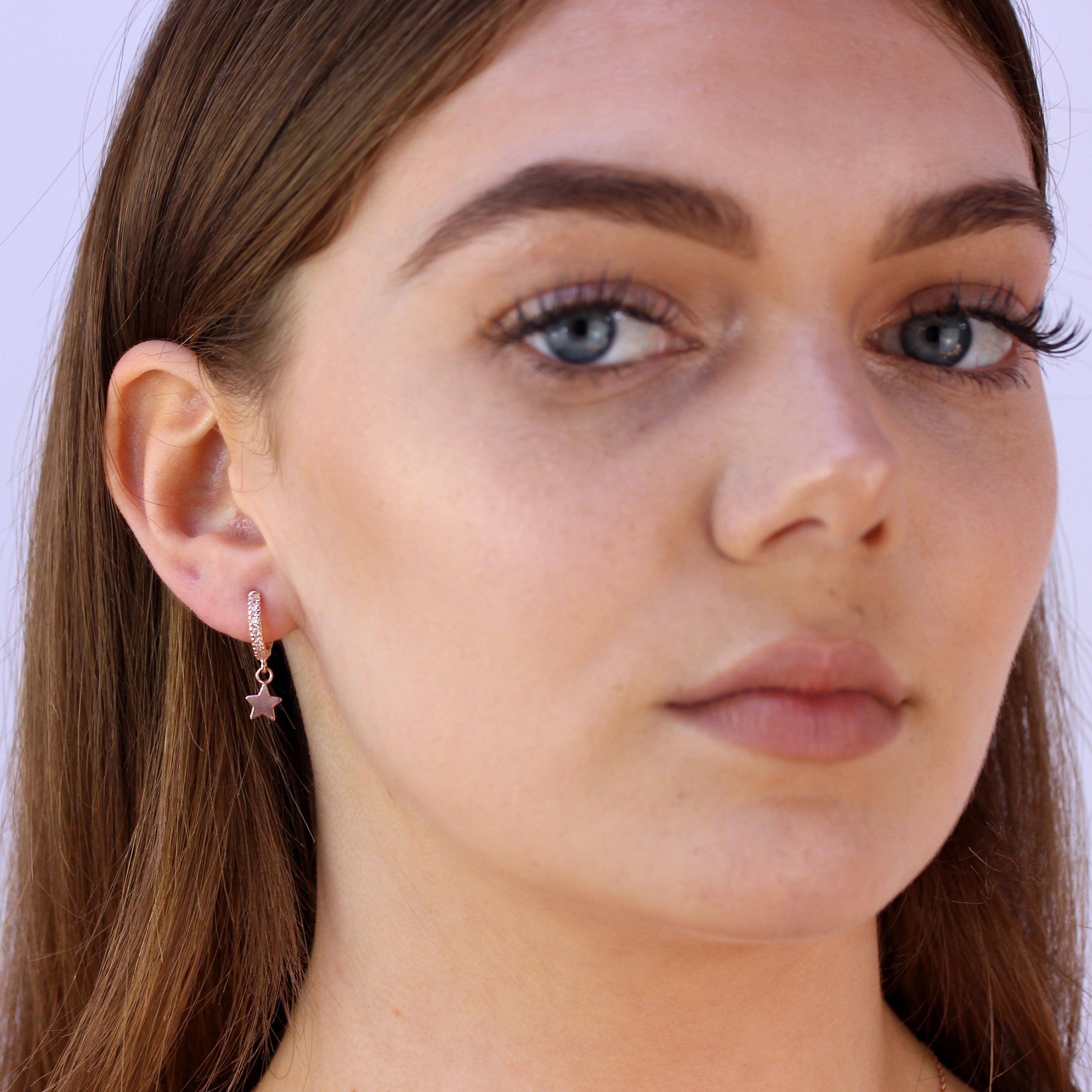 Rose Gold Plated Sterling Silver Star Charm 12mm Hoop Earrings