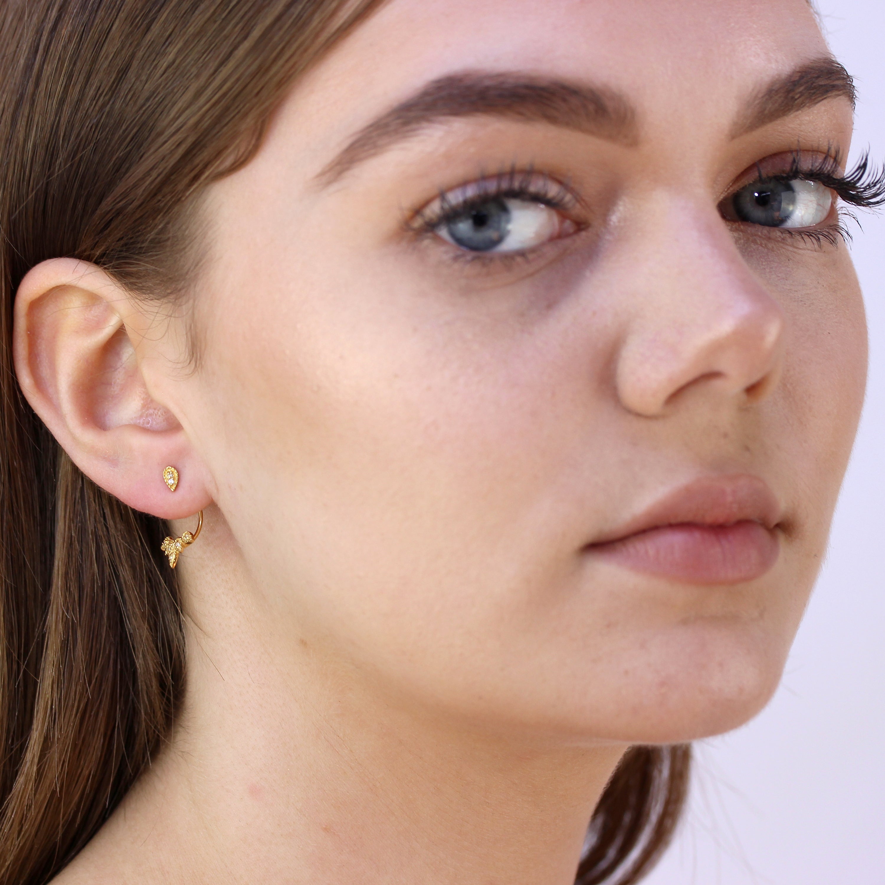 Gold Plated Sterling Silver Leaves CZ Ear Jacket Stud Earrings