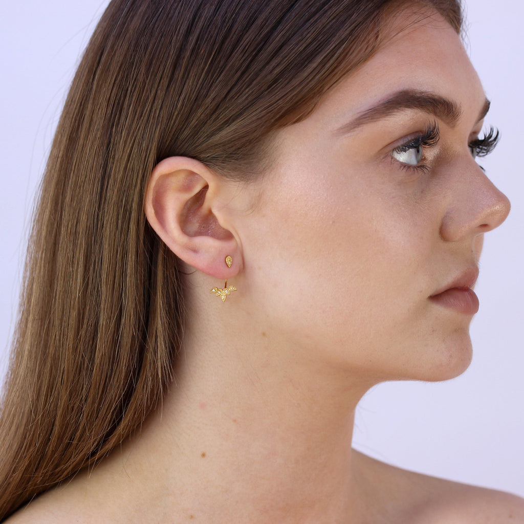 Gold Plated Sterling Silver Leaves CZ Ear Jacket Stud Earrings