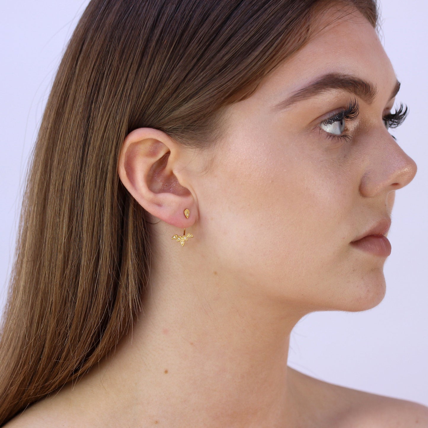 Gold Plated Sterling Silver Leaves CZ Ear Jacket Stud Earrings